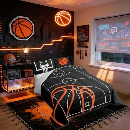 Castle Fairy Basketball Court Print Kids Comforter Set Toddler Size,Ball Sports Games Themed Bedding Comforters Bedroom Decor,Orange Basketball and Hoop Microfiber Quilt/Duvet Set for Kids Teens,3pcs