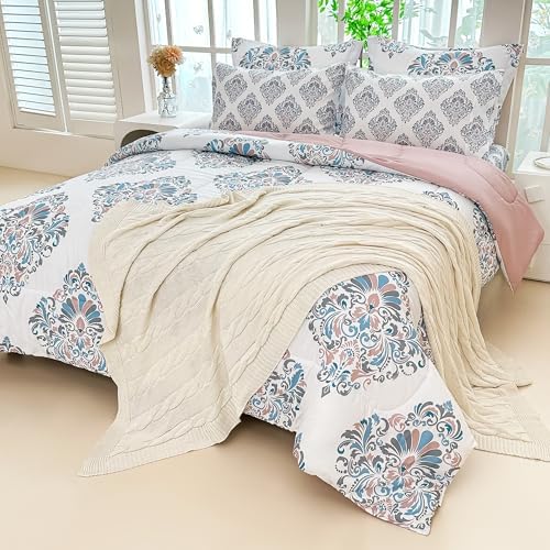 lasoftan Floral Queen Comforter Set with Sheets, 7 piece Luxury Vintage Bedding, Soft Microfiber Bed in a Bag, Cozy Lightweight Bed Set, Damask Boho Flower