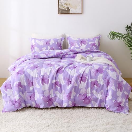 Mooreeke Purple Queen Size Comforter Sets, Lightweight Butterfly Printed Bedding for All Seasons, 3-Piece Vintage Bed in a Bag with Fluffy Quilted Reversible Comforter & 2 Pillow Shams