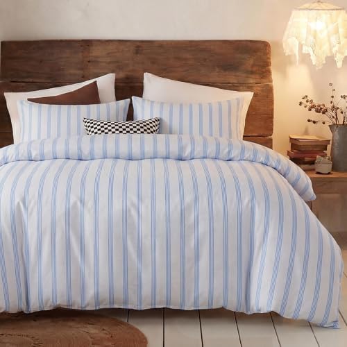 Bedbay Cotton Striped Duvet Cover Set Queen Size, Grey Blue Striped Bedding, 100% Cotton Sateen, Silky Soft Modern Minimalist 3 Piece Bedding Set for All Seasons