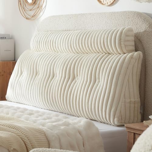 Headboard Pillow + A Long Neck Roll Pillow Body Pillow，Faux Fur Headboard Wedge Pillow with Removable Cover (Beige, Full：54x8x20 inches)