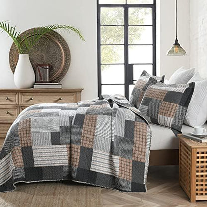 PERHOM Quilt King Size - 100% Cotton Lightweight Bedspread - Gray Brown Black White Plaid Patchwork Soft Reversible Quilt King Size for Bed Set All Season, 3 Pieces