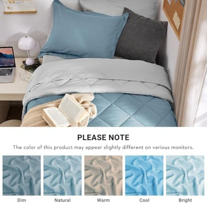 MUXHOMO 5 Pieces Twin XL Comforter Set, Reversible Bed in a Bag Twin XL Size, All Season Bedding Set with Comforter, Flat Sheet, Fitted Sheet, Pillowcases & Shams, Greyish Blue & Light Grey
