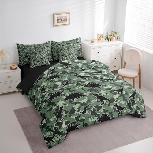 Feelyou Dinosaur 7 Piece Bedding Set Camouflage Print Comforter Set with Sheets for Kids Boys Girls Army Green Bed in a Bag Animal Theme Bed Set Soft Lightweight