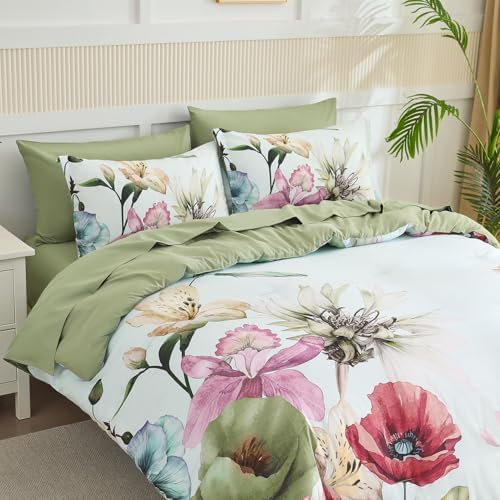 Yogeneg King Size Comforter Set 7 Piece Bed in a Bag,Elegant Floral Botanical Pattern Green Bedding Set,Soft Microfiber Comforter with Sheet Set,All Season Bed Set(Green Floral,King)