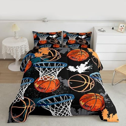 Castle Fairy Basketball Comforter Set Full Size Hip Hop Graffiti Tie Dye Quilt Set 3pcs for Kids Teens Boys Room Decor Ball Sports Gaming Bedding Set Modern Fashion Duvet Insert,2 Pillowcases