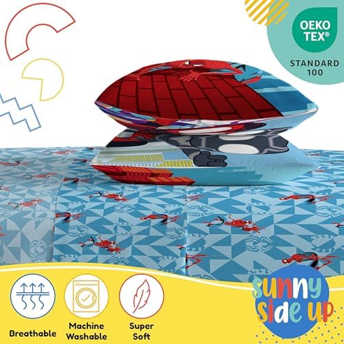 Sunny Side Up Kids Sheet Set Includes Sheets and Pillow Cover - 100% Microfiber Bedding and Room Decor, Blue - Spiderman, 4 Piece Full