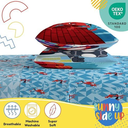 Sunny Side Up Kids Sheet Set Includes Sheets and Pillow Cover - 100% Microfiber Bedding and Room Decor, Blue - Spiderman, 4 Piece Full