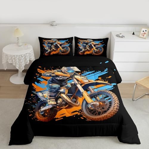 Feelyou Dirt Bike Bedding Set Soft for Boys Girls, Racing Motocross Rider Comforter Set Twin Size Extreme Sports Duvet Quilt Microfiber Motorcycle Bedroom Decor Motorbike 2 Pcs with 1 Pillow Cases