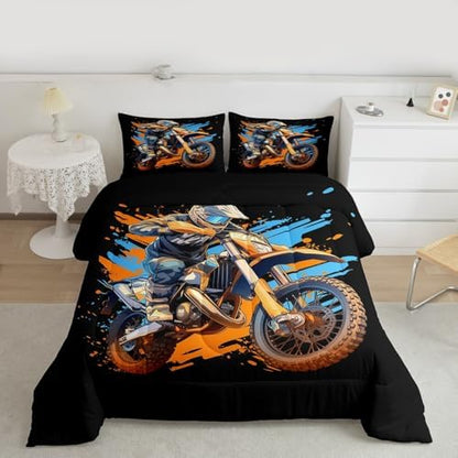 Feelyou Dirt Bike Bedding Set Soft for Boys Girls, Racing Motocross Rider Comforter Set Twin Size Extreme Sports Duvet Quilt Microfiber Motorcycle Bedroom Decor Motorbike 2 Pcs with 1 Pillow Cases