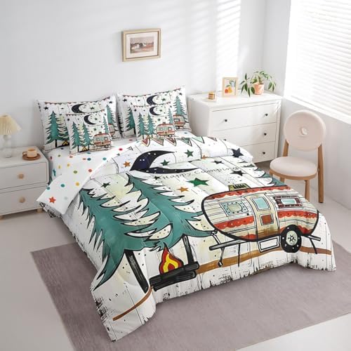 Erosebridal 7 Piece Happy Camping King Bedding Set,RV Bunk Camper Bed Comforter Set with Sheets for Kids Adults,Moon and Stars Decor Travel Trailer Quilt Bed Set with Fitted+Flat Sheet,Pillowcases