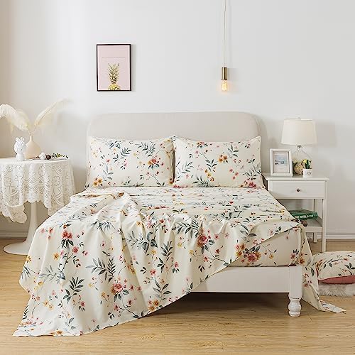 FADFAY Floral Sheets Set Twin XL Vintage Pink Floral Bedding Shabby Beige Botanical Sheets College Dorm Bedding 800 Thread Count Soft 100% Egyptian Cotton Deep Pocket Fitted Sheet 4Pcs, Twin XL Size