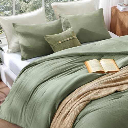 Queen Comforter Set-3 Pieces Soft Sage Green Comforters Queen Size Bedding