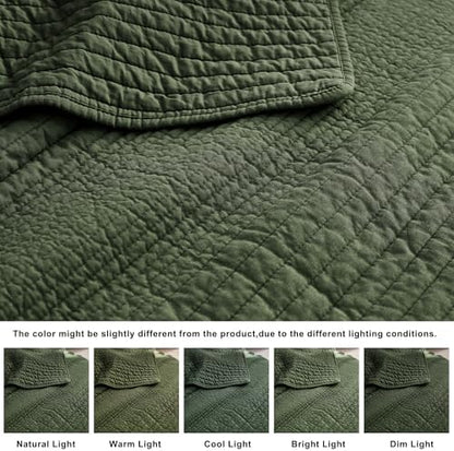 palassio Striped Olive Green 100% Cotton Quilt Twin Size Bedding Sets, Lightweight Crinkly Channel Pick Stitch Textured Bedspread Soft Shabby Chic Farmhouse Country Coverlet for All Season, 1 Sham