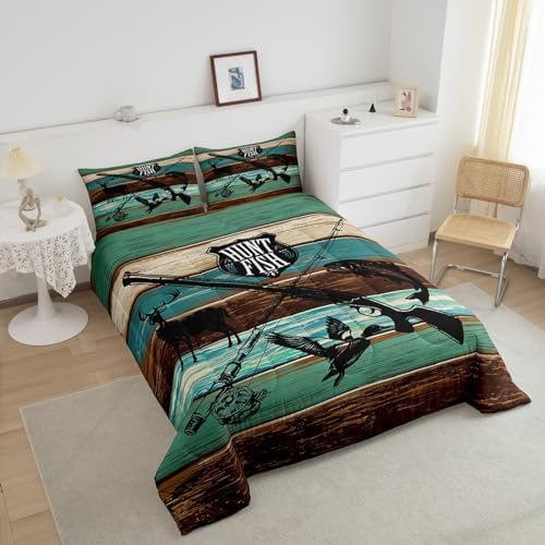 Kids Wild Animal Hunting Bedding Set for Boys Girls,Hunt Fish Themed Retro All Season Cozy Comforter Set Home Decor,Farmhouse Rustic Wooden Board Duvet Set for Chic Birthday Gift, Full Size
