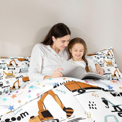 Feelyou Kids Cartoon Excavator Bedding Set Boys Vehicles Truck Car Comforter Child Cute Building Equipment Comforter Set Funny Construction Transport Duvet Set Colorful Room Decor Queen Size Boys