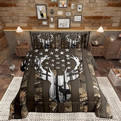 Camo American Flag King Size Comforter Sets for Kids,Deer Antlers Brown Camouflage Bedding Flags for Room Teens,Wild Animal Hunting Farm Branches Leaves Stars Stripes USA Flag Down Comforter