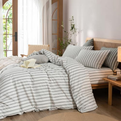 BESTOUCH Striped Cotton Duvet Cover Set Linen Feel Oversized King