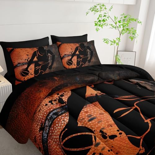 7pcs Sports Comforter Set Basketball Printed Bedding Set with 1 Comforter, 1 Flat Sheet, 1 Fitted Sheet and 4 Pillowcases for Boys and Girls Bedroom (Basketball-2 Full