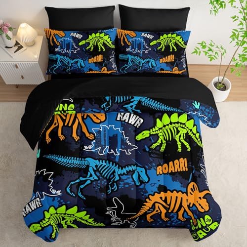 7Pcs Comforter Set Blue Orange Green Dinosaur Skeletons Printed Bedding Set with 1 Comforter,1 Flat Sheet,1 Fitted Sheet and 4 Pillowcases Bedroom All Season(King)