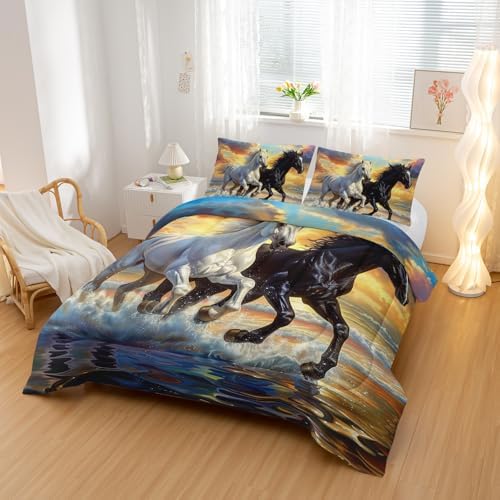 Nttopship Horse Comforter Set Queen Size 3 Pcs,Horses Animal 3 Pcs Bedding for Adults, Horse Theme Bedding Set,3D Wild Animal Room Decor with 2 Pillowcases