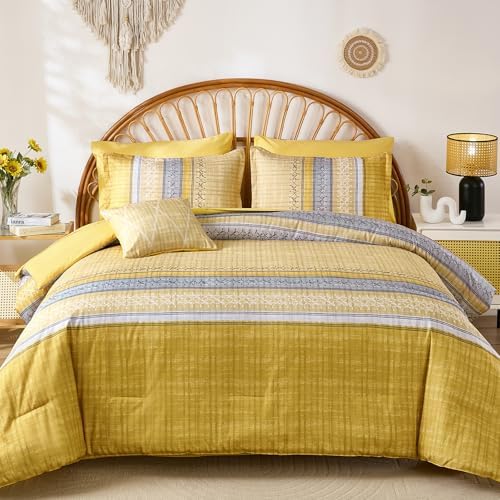 Boho King Comforter Size Set, 8 Pieces Yellow Striped Texture Bed in a Bag Bedding Sets, Lightweight Soft Bohemian Comforter and Sheet Set, All Season Microfiber Teen Boys Bedding Sets for Men Women