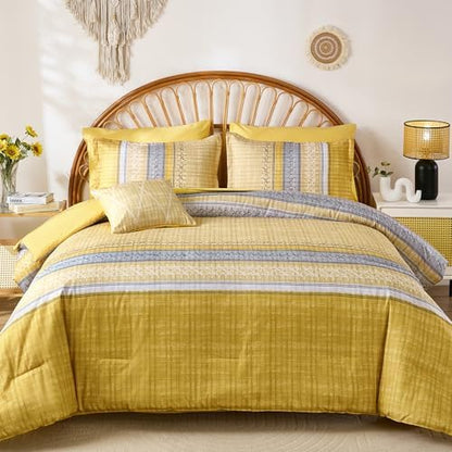 Boho King Comforter Size Set, 8 Pieces Yellow Striped Texture Bed in a Bag Bedding Sets, Lightweight Soft Bohemian Comforter and Sheet Set, All Season Microfiber Teen Boys Bedding Sets for Men Women