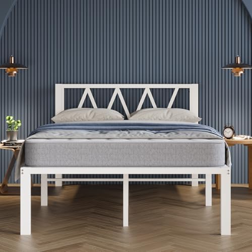 Avenco 18 Inch Queen Bed Frame with Headboard, White Metal Platform Bed Frame, Queen Size Bed Frame No Box Spring Needed, Easy Assembly, Heavy Duty Slats Support