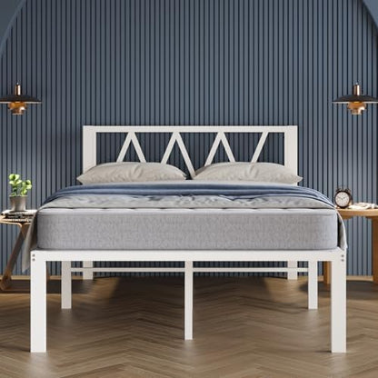 Avenco 18 Inch Queen Bed Frame with Headboard, White Metal Platform Bed Frame, Queen Size Bed Frame No Box Spring Needed, Easy Assembly, Heavy Duty Slats Support