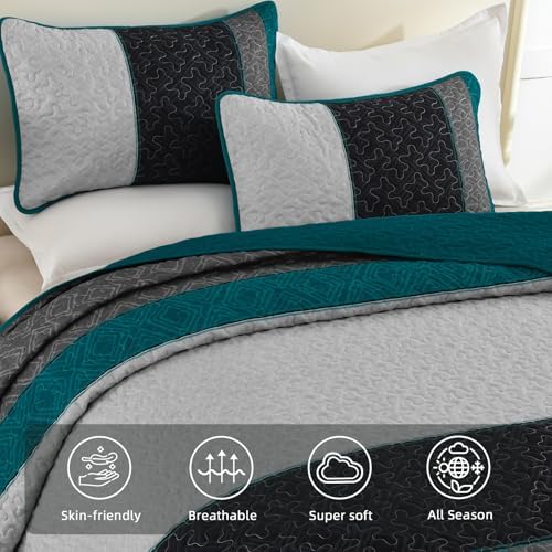 Cottolester Boho Quilt Set King,Striped Plaid Bedspreads Set,Peacock Blue