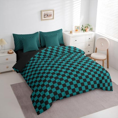 jejeloiu Teal Checkerboard Comforter Set with Sheets 7 Piece Twin Size