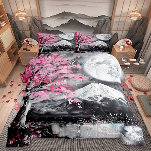 Castle Fairy Japanese Ukiyoe Comforter Set Twin Size,Fuji Mountain Scenery Quilt Set for Kids Girls Boys Home Room Decor Pink Cherry Blossoms Tree Bedding Set Retro Oil Painting Art Duvet Insert 2pcs