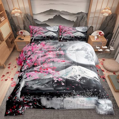 Japanese Ukiyoe Comforter Set Queen Size Fuji Mountain Scenery Quilt Set for Women Teens Men Home Room Decor Pink Cherry Blossoms Tree Bedding Set Retro Oil Painting Art Duvet Insert 3pcs