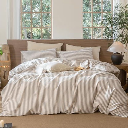 MooMee Striped Duvet Cover Set 100% Washed Cotton Linen Like Full