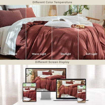 MooMee Striped Duvet Cover Set 100% Washed Cotton Linen Like Queen