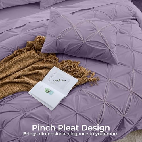 Sasttie California King Comforter Set, 7-Piece Bed in a Bag, Pintuck Bedding Sets for All Season, Includes Comforter, Flat Sheet, Fitted Sheet, Pillowcases and Pillowshams, New Purple