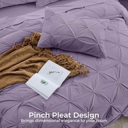 Sasttie California King Comforter Set, 7-Piece Bed in a Bag, Pintuck Bedding Sets for All Season, Includes Comforter, Flat Sheet, Fitted Sheet, Pillowcases and Pillowshams, New Purple