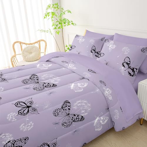 QOOMO Purple Butterfly Dandelion 7pcs Comforter Set Twin Size