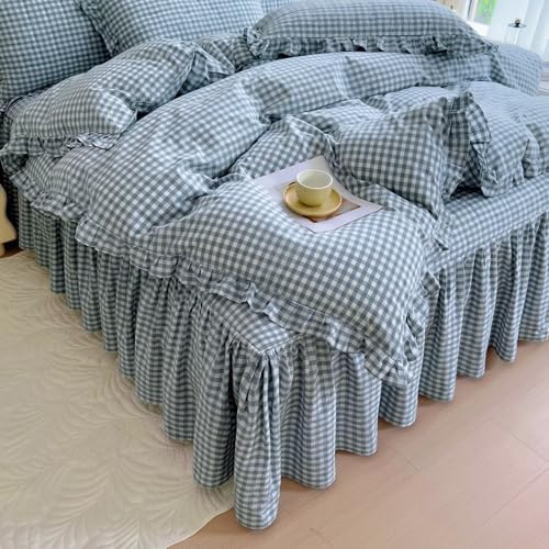 mixinni Vintage Blue Gingham Ruffle Comforter Set 3-Piece Washed Cotton Twin XL Size Grid Bedding Set with Geometric Checkered Pattern, Farmhouse Chic Soft Fluffy Comforter for All-Season