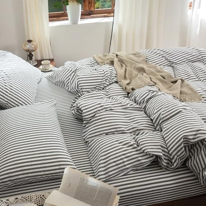 FOSSA Striped Duvet Cover Set 100% Washed Cotton Linen Feel Super King