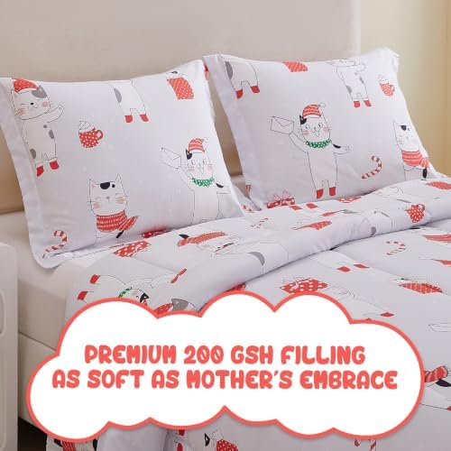 Yibeizi Kids Christmas Bed Comforter Set Twin Cute Cat Printed Xmas Bedding