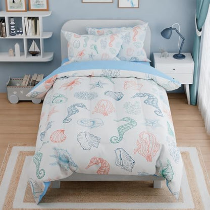 Kids Bedding Set for Girls Boys, Ultra Soft Microfiber Comforter Set Full Size with 4-Pieces, Seashell Ocean Comforters Bed Sets for Kid Children Teen Tween Bedroom Decor