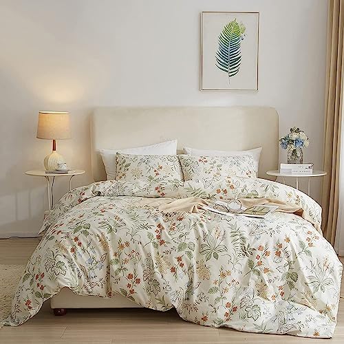 Botanical Duvet Cover Set Full Size Soft 100% Cotton Cottagecore Flower Bedding Set Vintage Style Aesthetic Floral Comforter Cover Botanical Flower Pattern Duvet Cover with Zipper Closure & 4 Ties