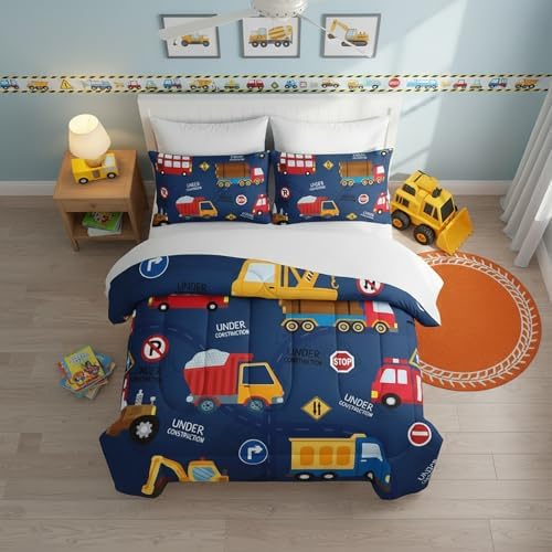 QOOMO Construction 7 Pieces Comforter Set Full Size,Excavator Bedding Set