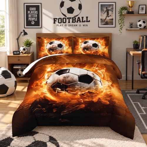 Yellow Soccer Bedding Comforter Set Full Size with 2 Pillowcases.