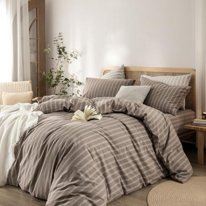 BESTOUCH Striped Cotton Duvet Cover Set Linen Feel Oversized King