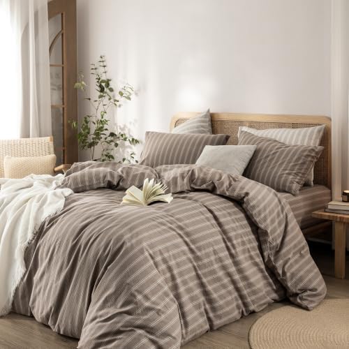 BESTOUCH Striped Cotton Duvet Cover Set Linen Feel Queen
