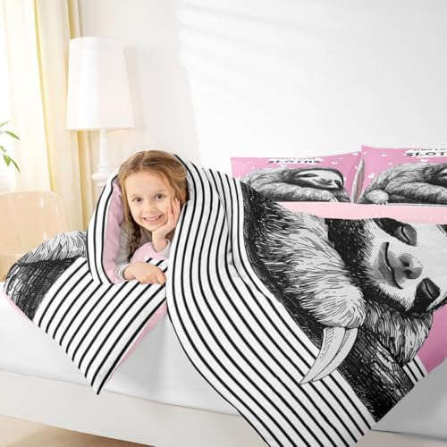 Homewish Teens Sloth Pattern Comforter Set Queen Size,Striped Heart Bedding Set for Kids Boys Girls Bedroom Decoration,Pink and Black Bed Duvet Insert,Cute Sloth Comforter with 2 Pillowcases