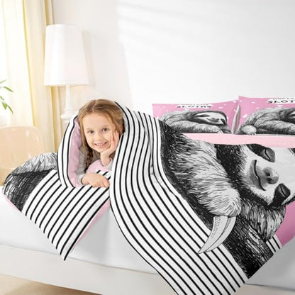 Homewish Teens Sloth Pattern Comforter Set Queen Size,Striped Heart Bedding Set for Kids Boys Girls Bedroom Decoration,Pink and Black Bed Duvet Insert,Cute Sloth Comforter with 2 Pillowcases