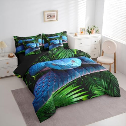 Erosebridal Snake 7 Pcs Bedding Set Twin 3D Reptile Comforter Set with Sheets Blue Scales Bed in A Bag Palm Leaf Wild Animal Bedroom Decor